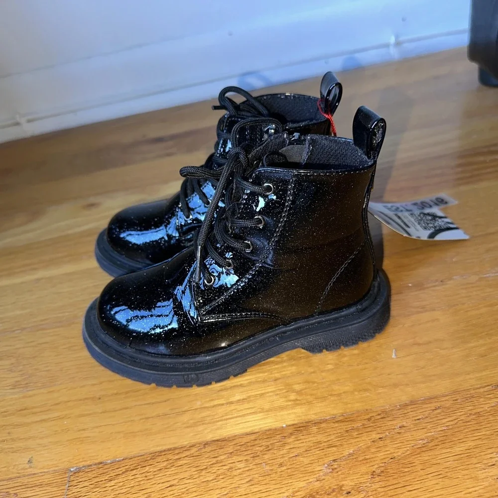 Ground Up Boots Girls 9 Black Glitter Patent Combat Lace Up Side Zip Ankle Youth